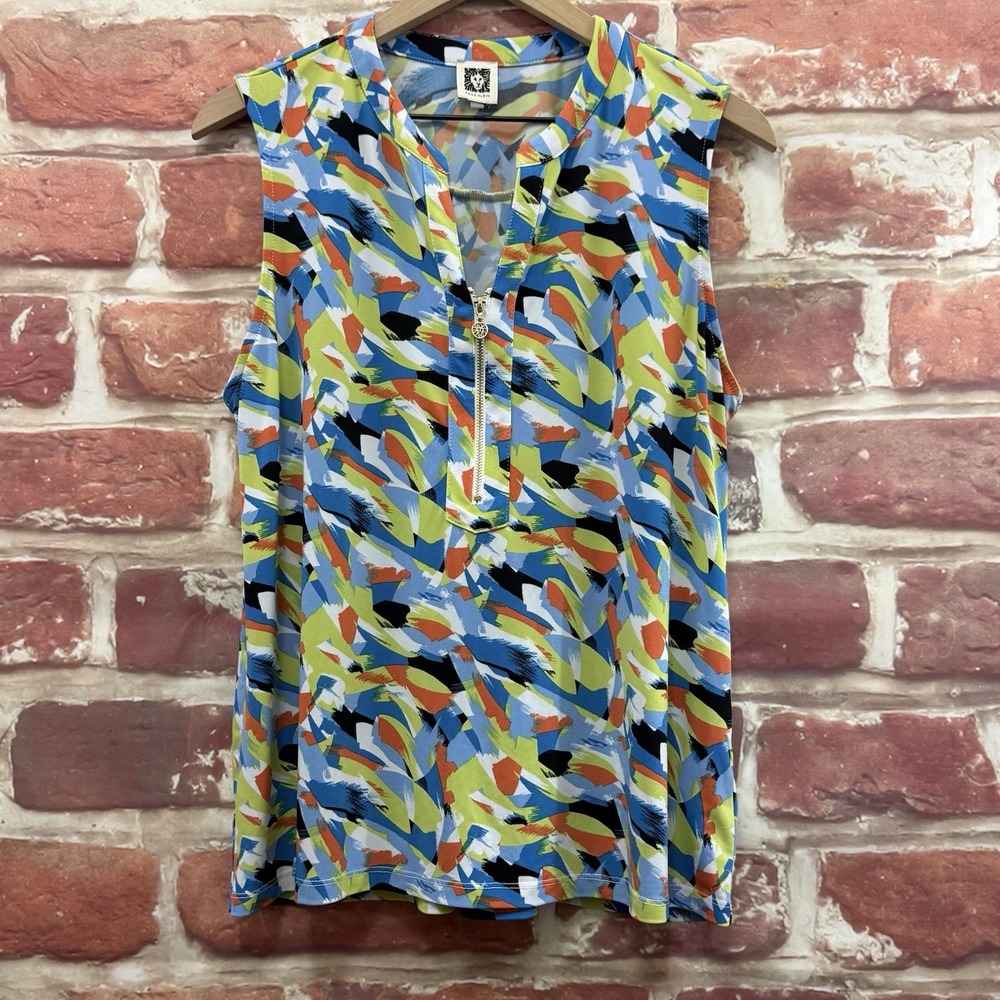 Anne Klein Top Women's Large Multicolor Abstract Logo Zip Front Casual Shirt